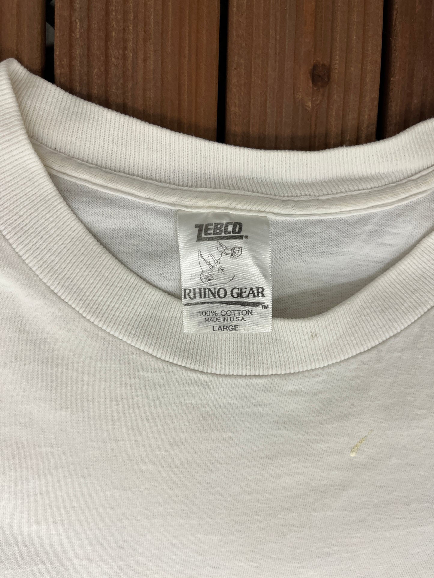 Zebco Rhino Rods Fishing Graphic Tee | Size Large | Vintage 1990s Distressed Promotional White T-Shirt | Made in USA |
