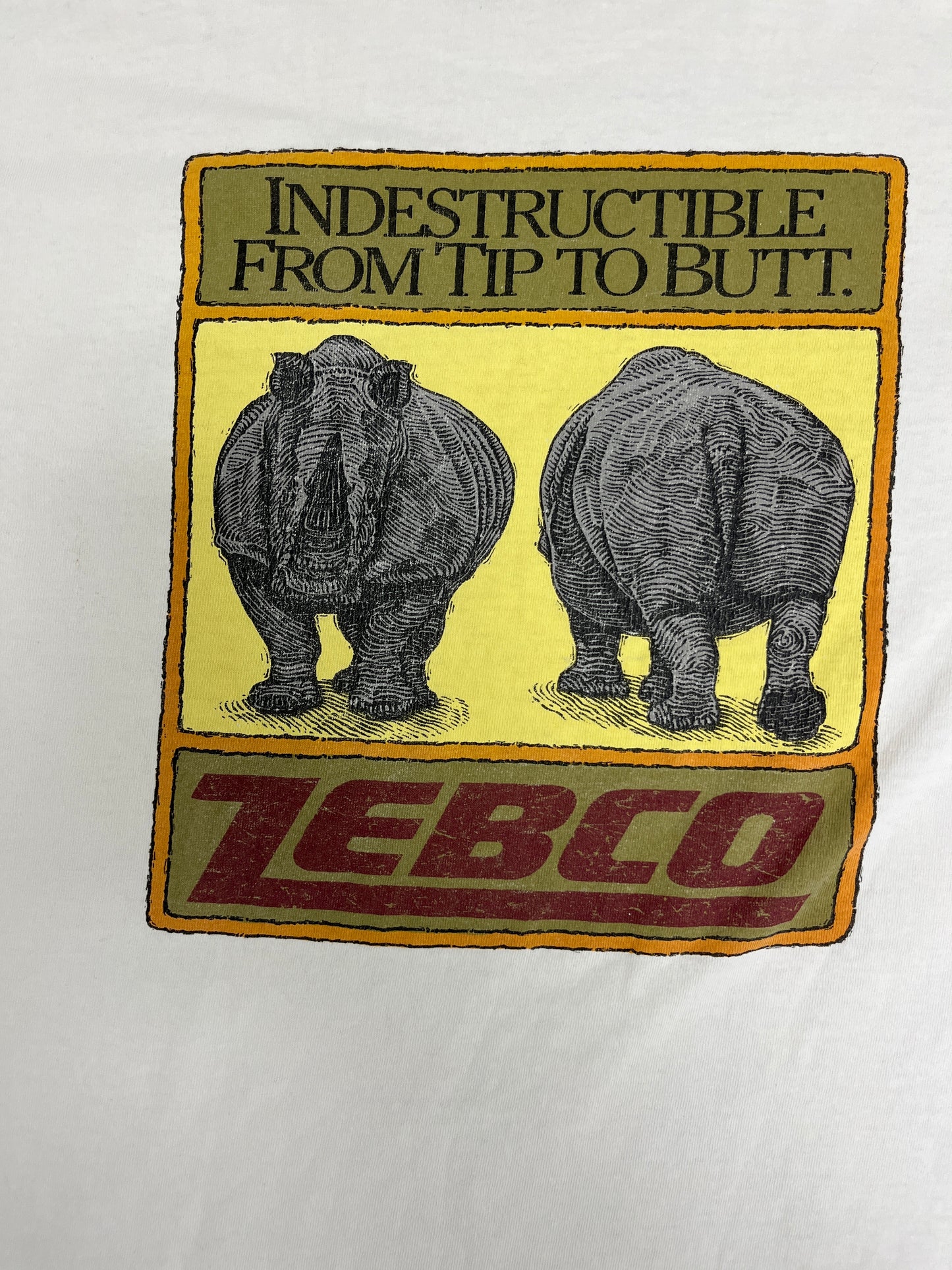 Zebco Rhino Rods Fishing Graphic Tee | Size Large | Vintage 1990s Distressed Promotional White T-Shirt | Made in USA |