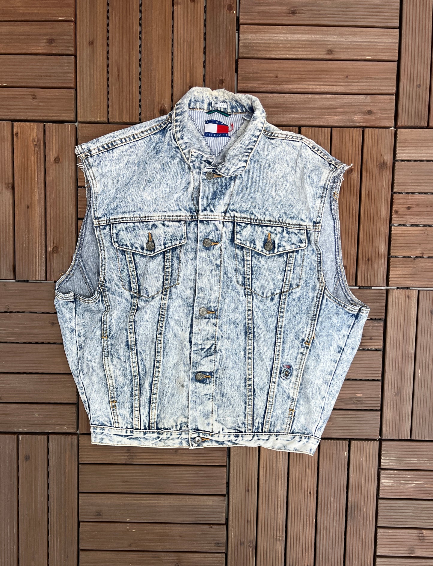 Tommy Hilfiger Crest Denim Jean Jacket Vest | Size Medium | Vintage 2000s Branded Light Blue Denim Vest |