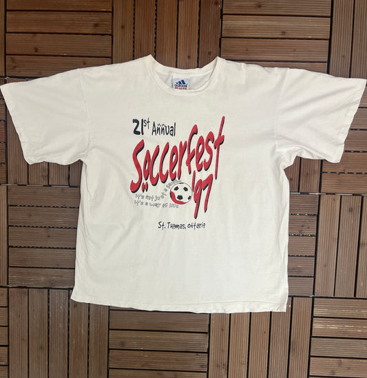 21st Annual Soccerfest 1997 Adidas Graphic Tee | Size X-Large | Vintage 1990s Soccer Football White T-Shirt |