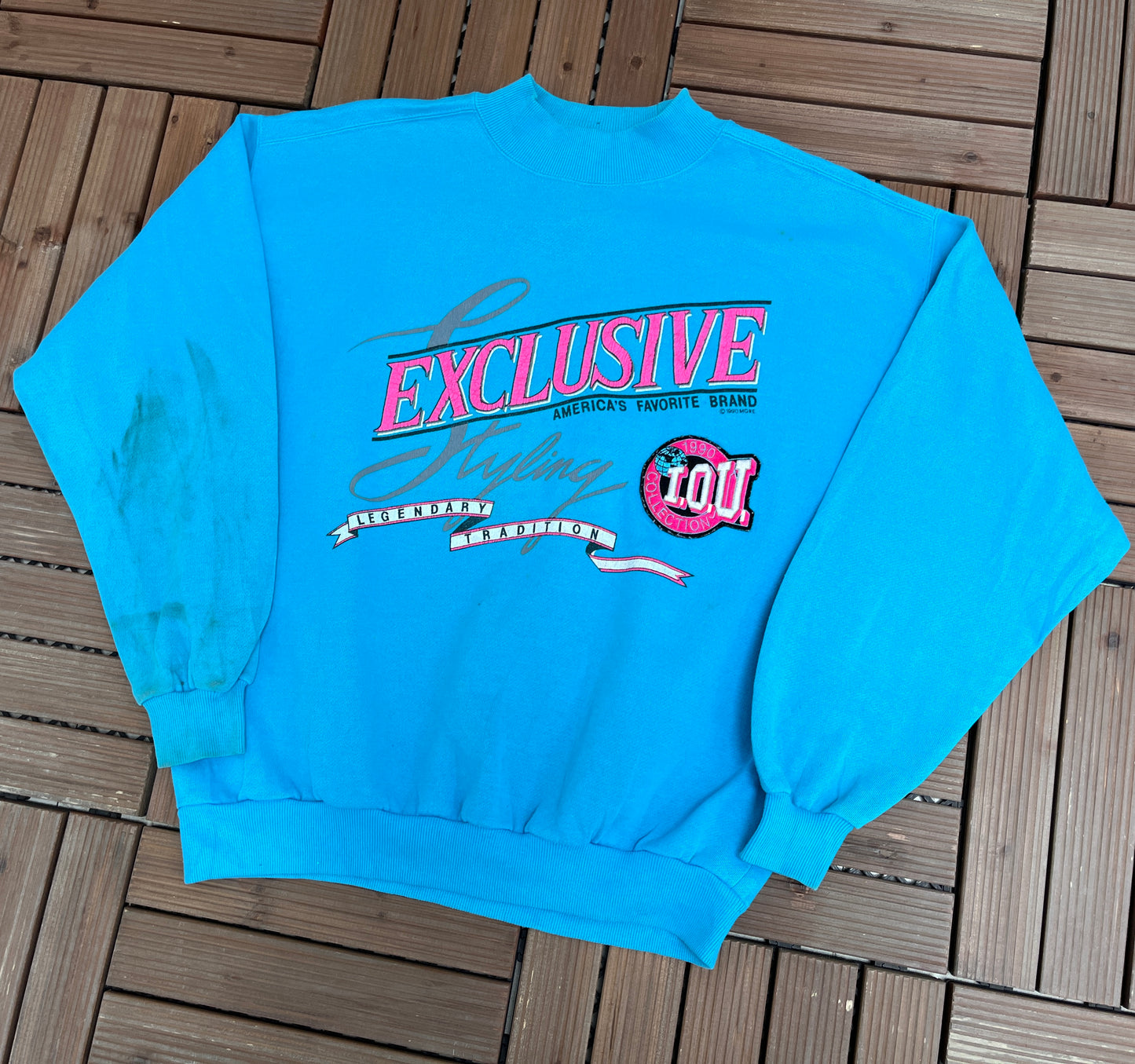 Exclusive I.O.U. Collection Graphic Crewneck | Size Medium | Vintage 1990s Promotional Blue Sweater |