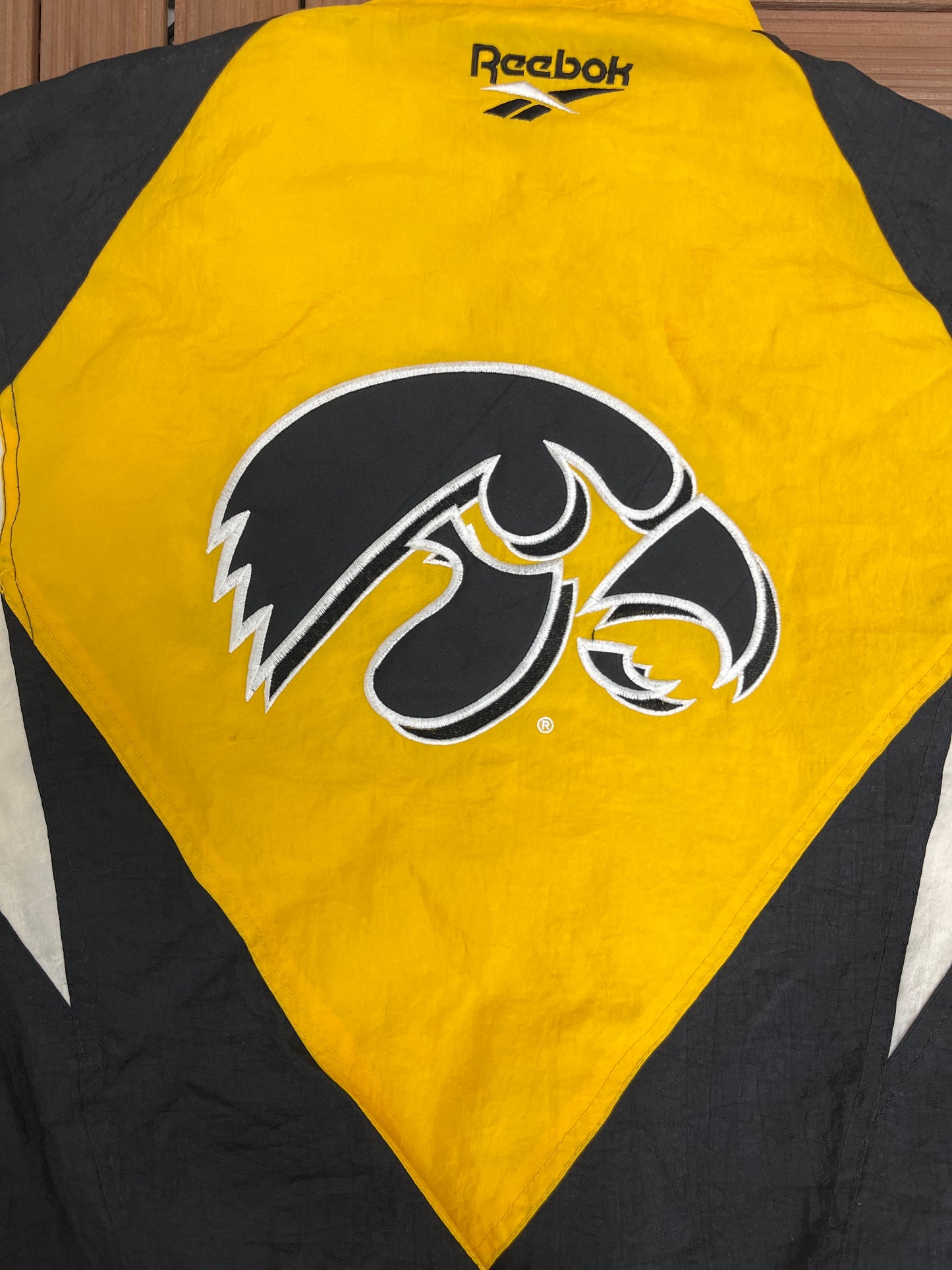 Iowa Hawkeyes Embroidered Graphic Jacket | Size XX-Large | Vintage 1990s Reebok College Sports Yellow Puffer Jacket |