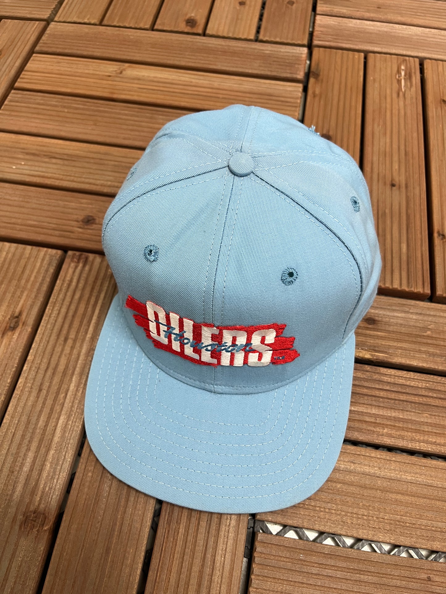Houston Oilers Embroidered Graphic Hat | Snap Back | Vintage 1990s NFL Football Light Blue Cap |