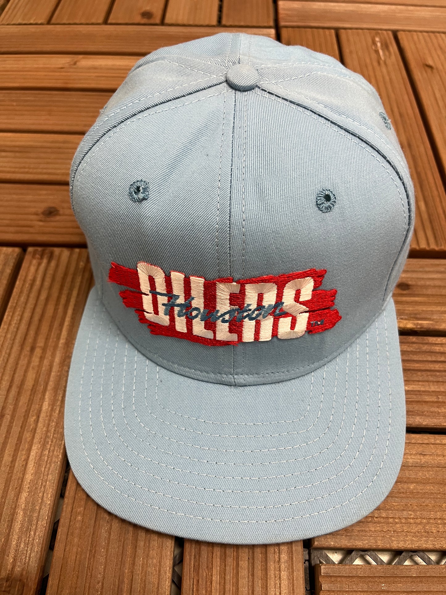 Houston Oilers Embroidered Graphic Hat | Snap Back | Vintage 1990s NFL Football Light Blue Cap |
