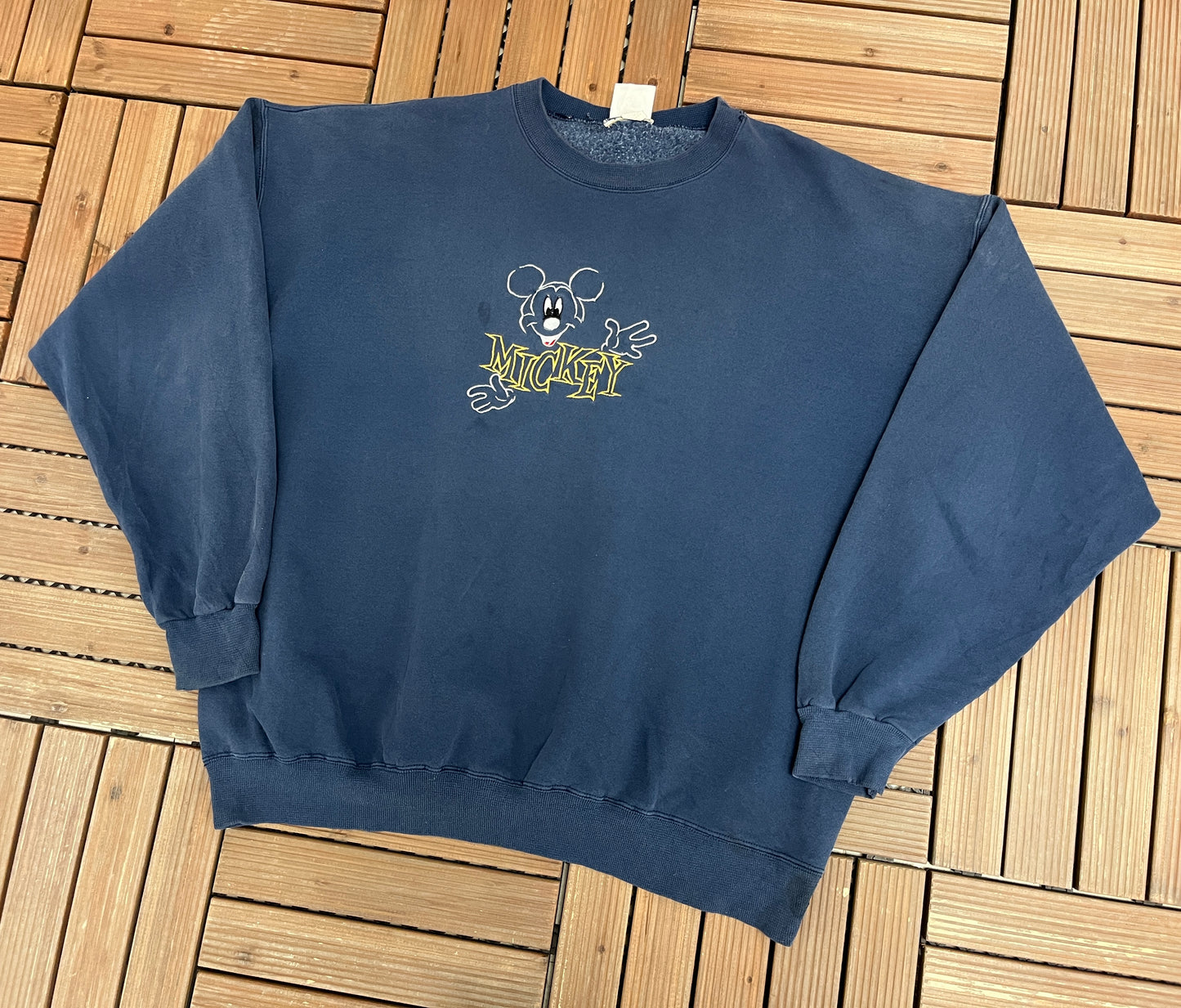 Mickey Mouse Embroidered Graphic Crewneck | Size X-Large | Vintage 1990s Blue Mickey Mouse Disney Sweater |