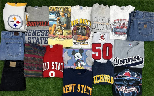 18 Piece Wholesale Bundle Lot of 1990s & 2000s Music, Pro / College Sports, Jeans, Promotional Items, Russell Athletic Made in USA