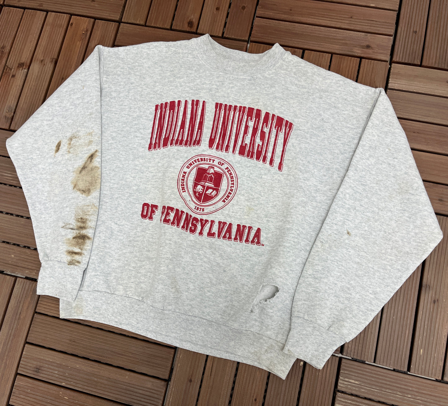 Indiana University of Pennsylvania Graphic Crewneck | Size X-Large | Vintage 1990s College Sports Grey Sweater |