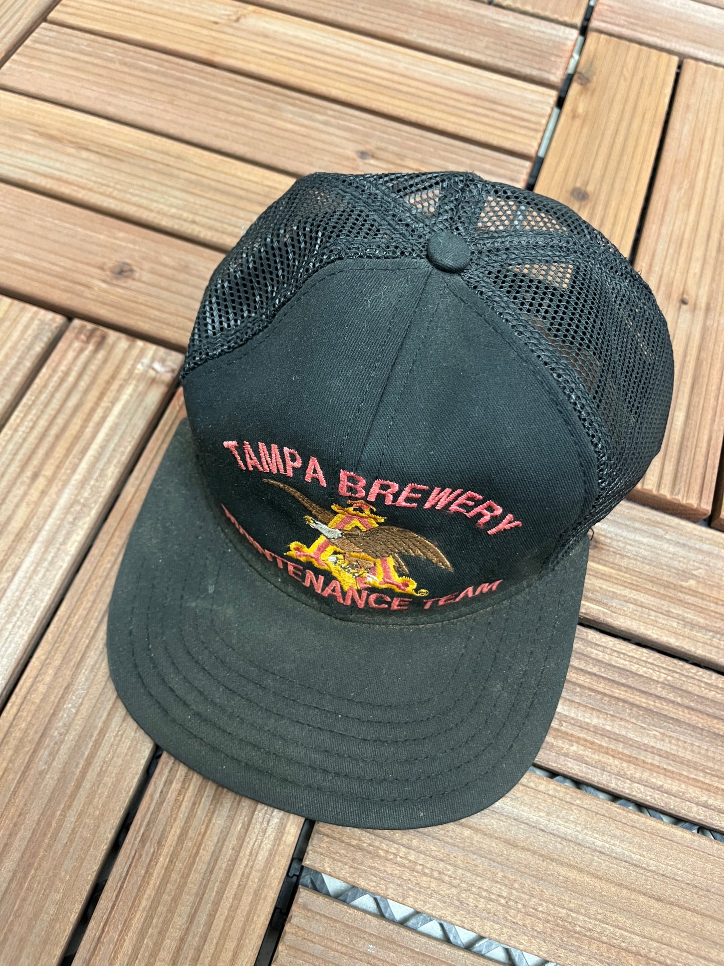 Anheuser-Busch Tampa Brewery Graphic Hat | Snap Back | Vintage 1990s Beer Alcohol Promotional Black Trucker Cap |
