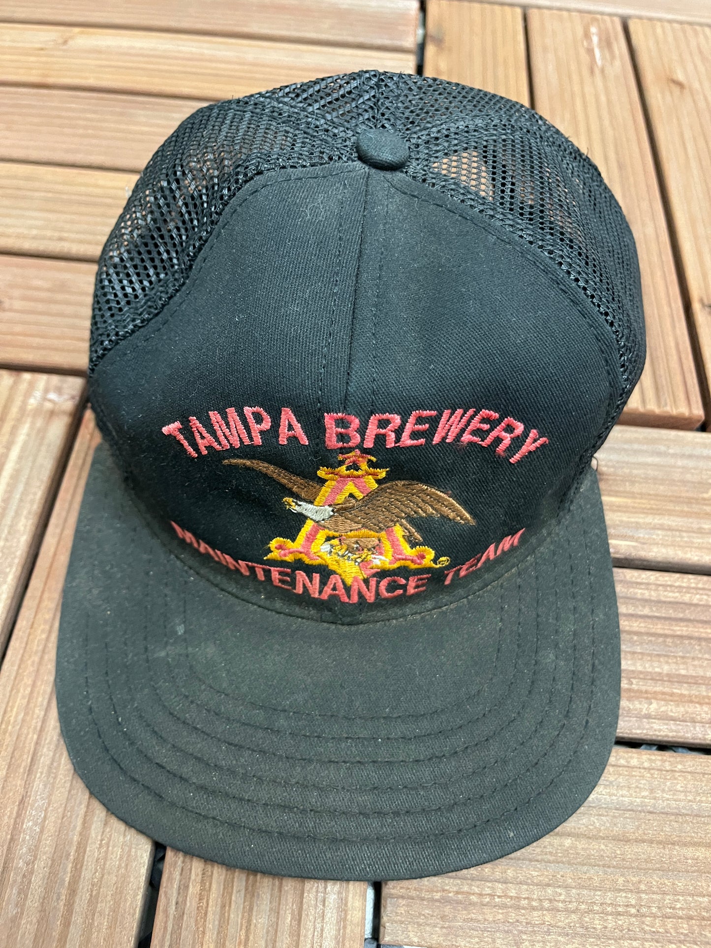 Anheuser-Busch Tampa Brewery Graphic Hat | Snap Back | Vintage 1990s Beer Alcohol Promotional Black Trucker Cap |