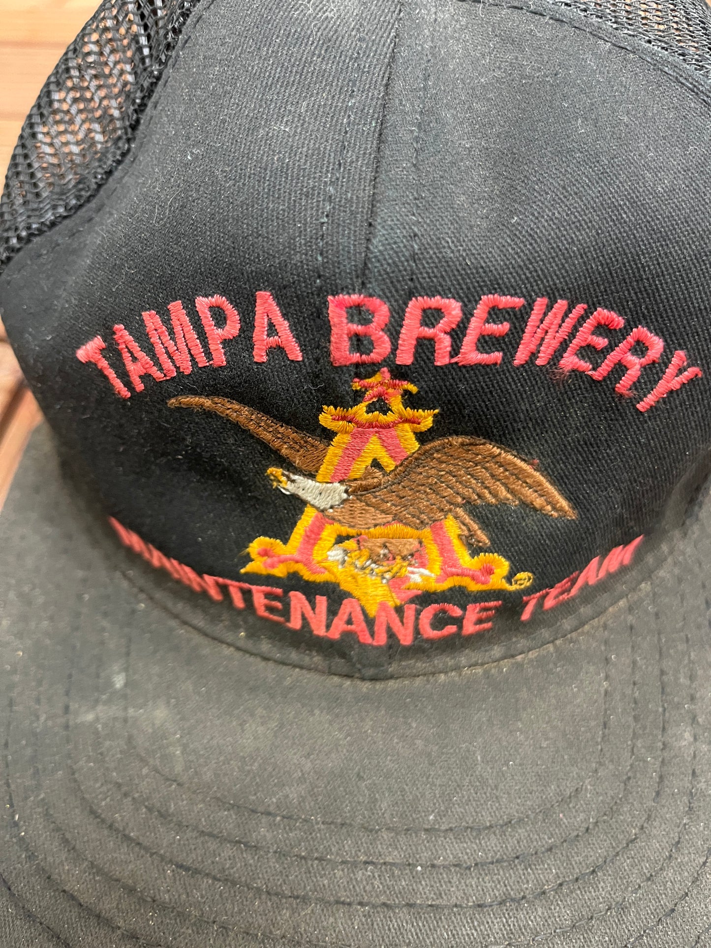 Anheuser-Busch Tampa Brewery Graphic Hat | Snap Back | Vintage 1990s Beer Alcohol Promotional Black Trucker Cap |