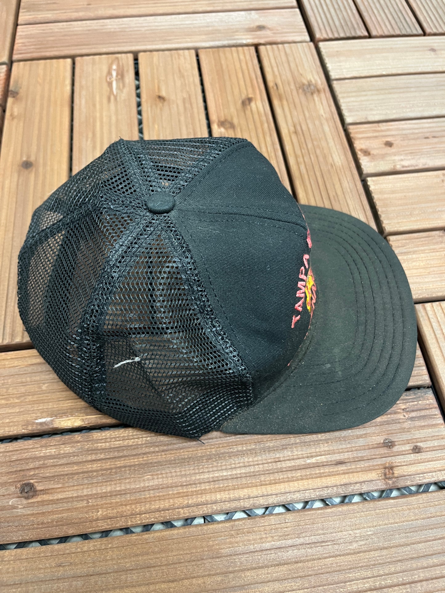 Anheuser-Busch Tampa Brewery Graphic Hat | Snap Back | Vintage 1990s Beer Alcohol Promotional Black Trucker Cap |