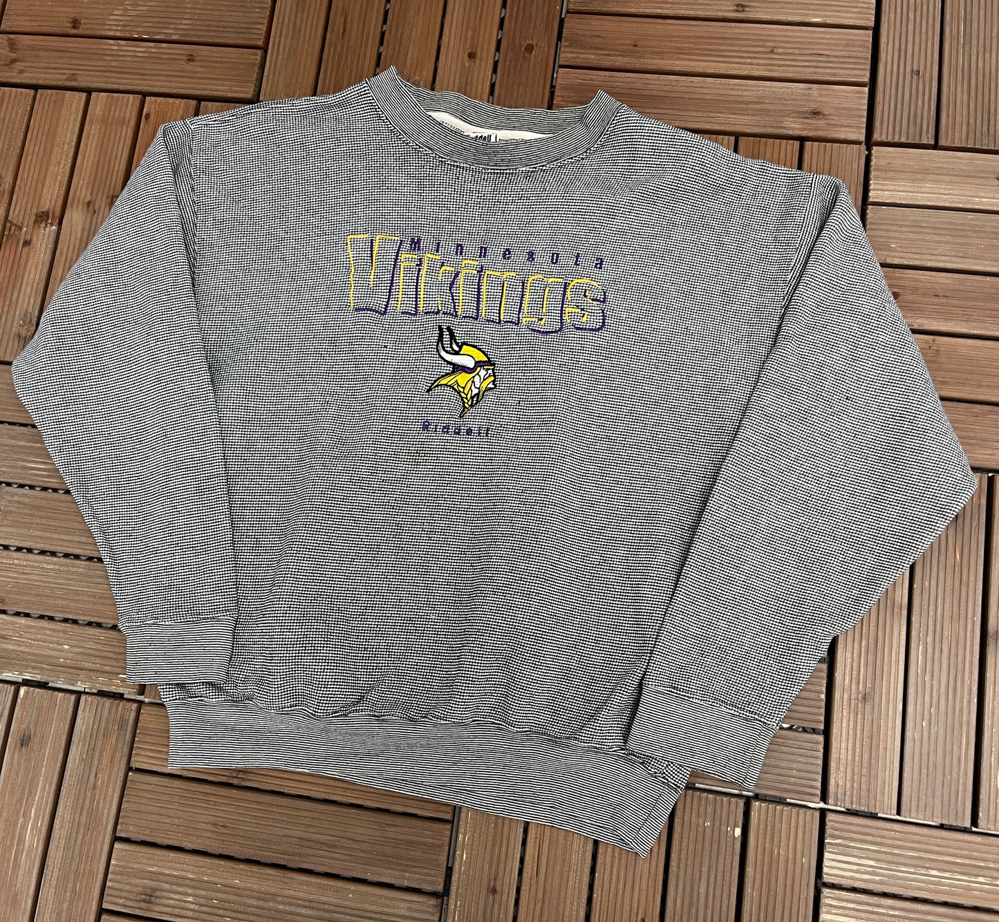Minnesota Vikings Embroidered Graphic Crewneck | Size Large | Vintage 1990s NFL Football Speckled Sweater |