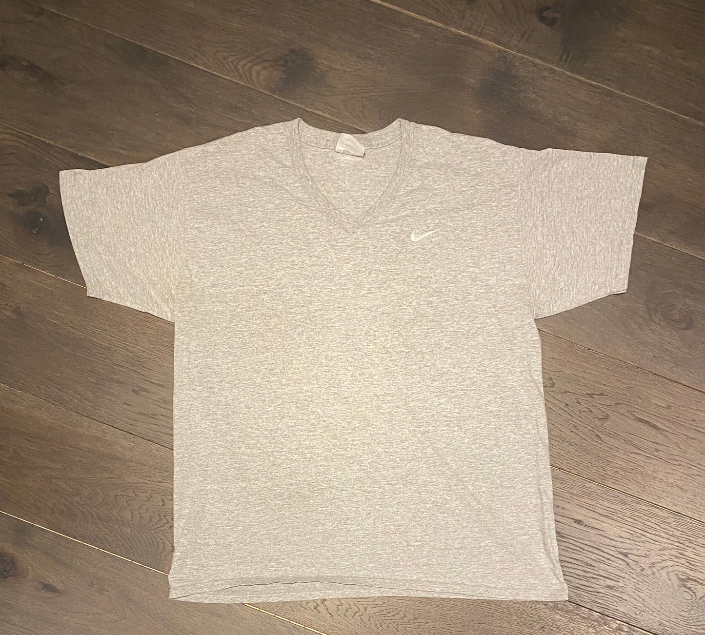Nike Small Swoosh Embroidered Graphic Tee | Size Large | Vintage 1990s Grey & White V-Neck T-Shirt | Free Shipping to USA|