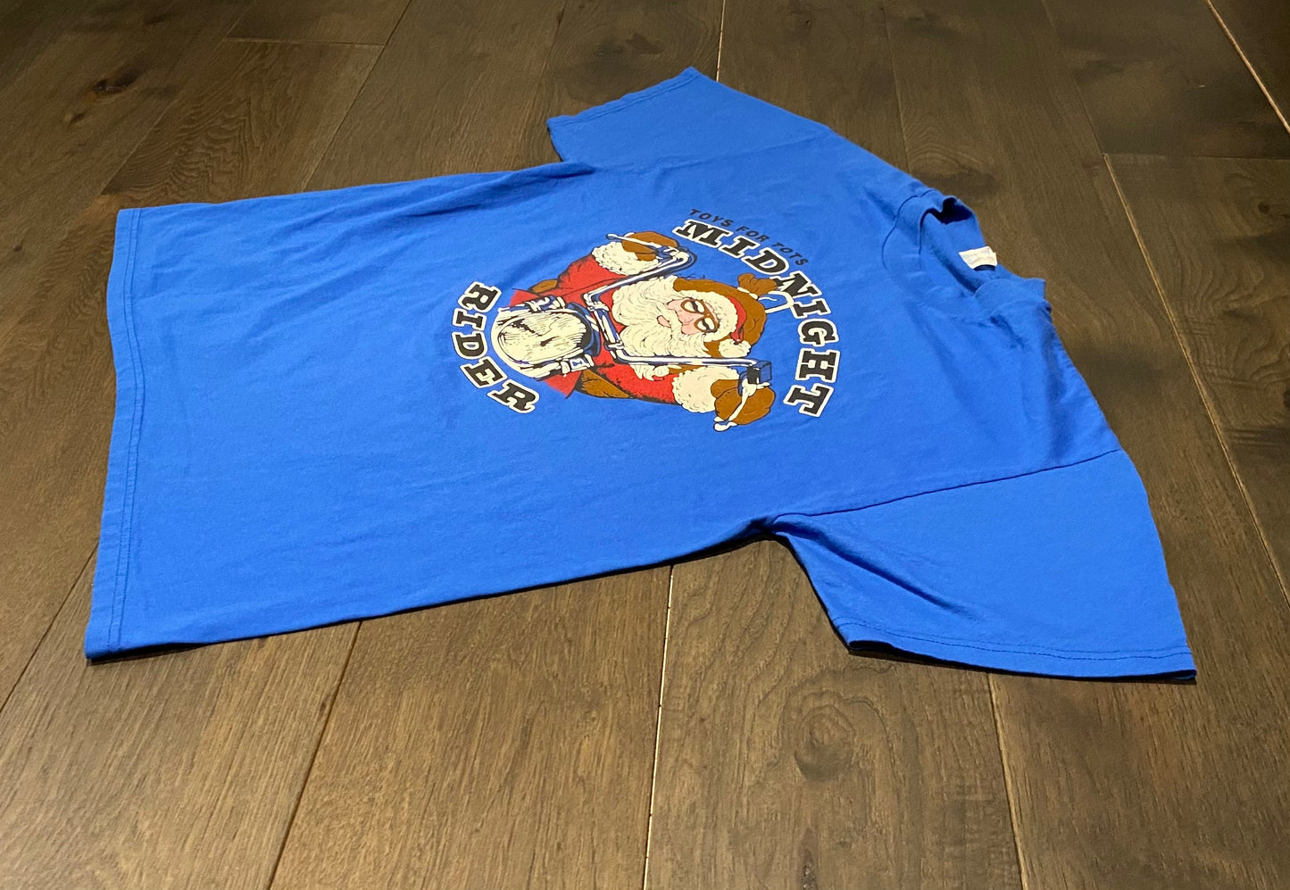 Santa Toys For Tots Midnight Rider Graphic Tee | Size Large | Vintage 2000s Christmas Holidays Blue T-Shirt | Free Shipping to USA |