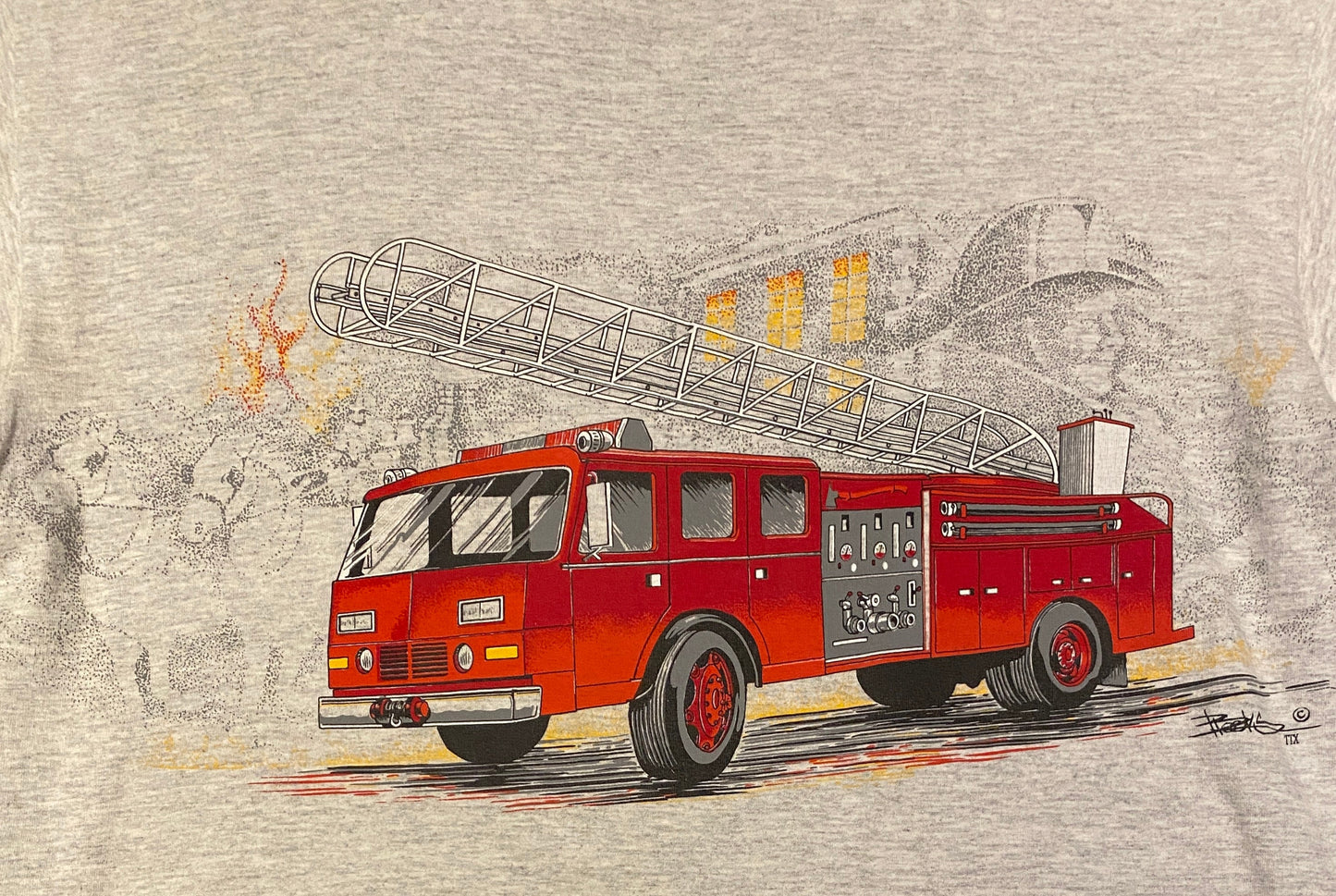 Fire Truck Cross Chest Graphic Tee | Size Large | Vintage 1990s Single Stitch Red & Grey T-Shirt |