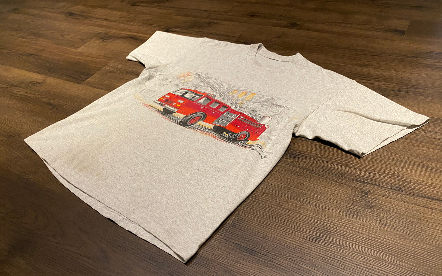 Fire Truck Cross Chest Graphic Tee | Size Large | Vintage 1990s Single Stitch Red & Grey T-Shirt |