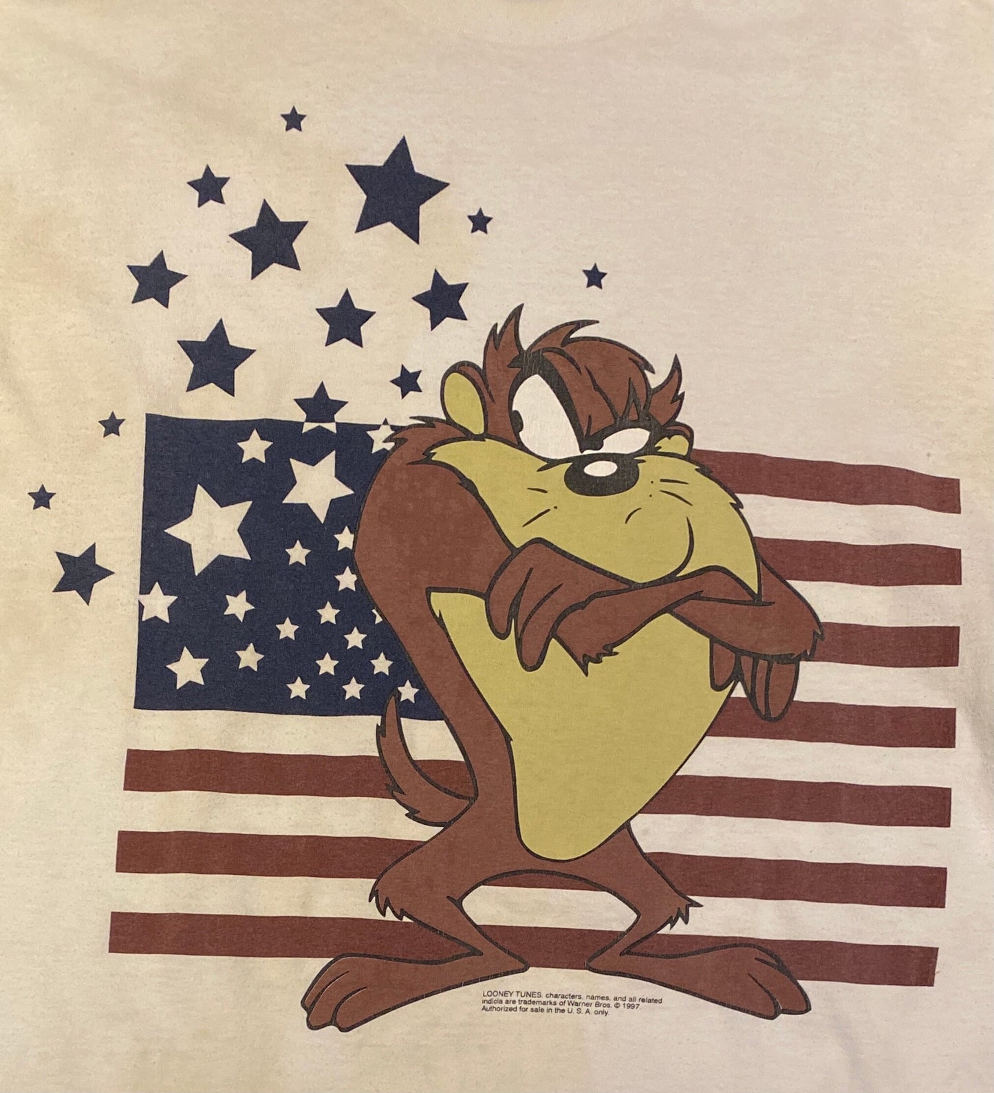 Taz American Flag Graphic Tee | Size X-Large | Vintage 1990s Looney Tunes Cartoon Disney Character White T-Shirt |