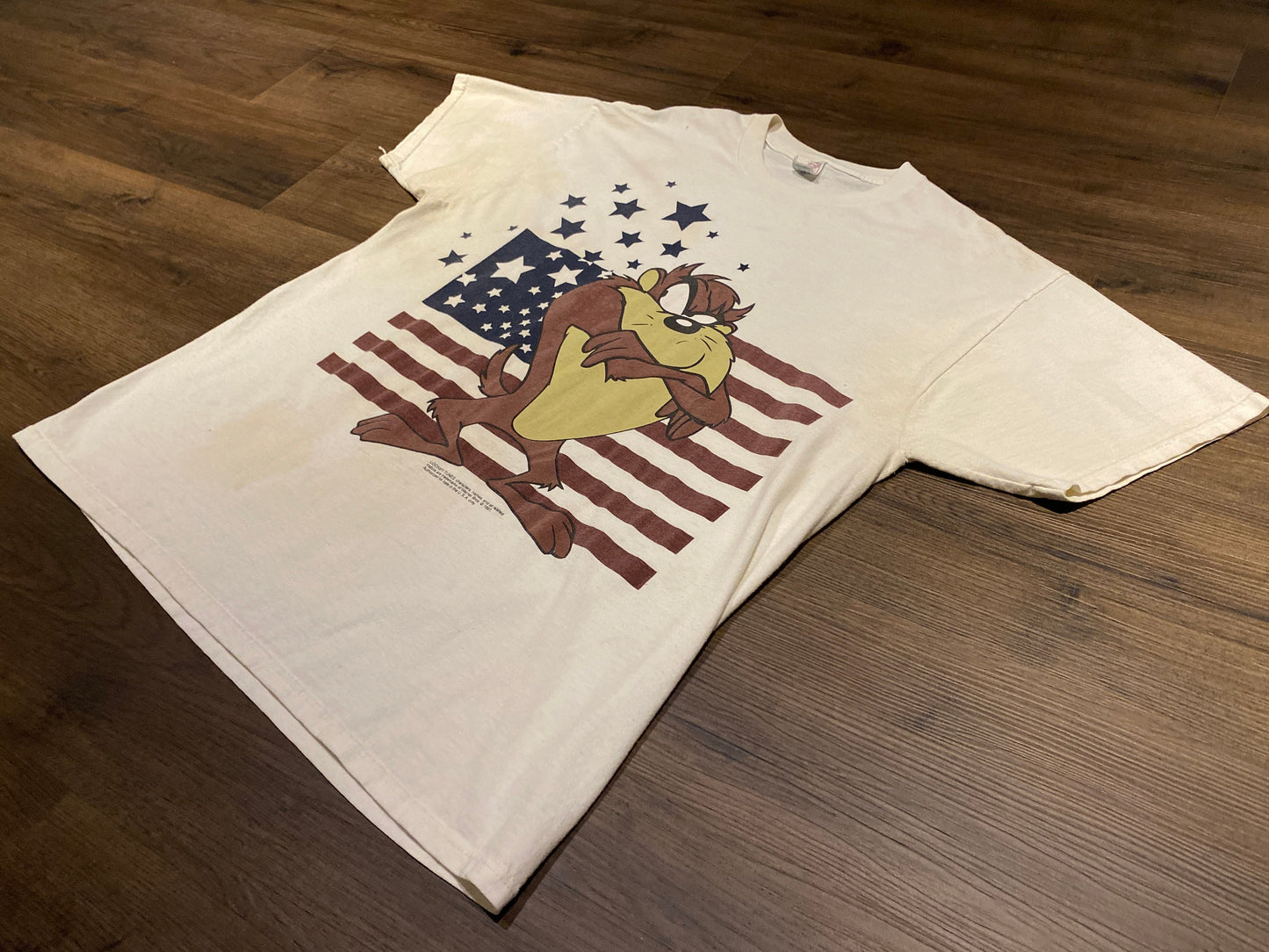Taz American Flag Graphic Tee | Size X-Large | Vintage 1990s Looney Tunes Cartoon Disney Character White T-Shirt |