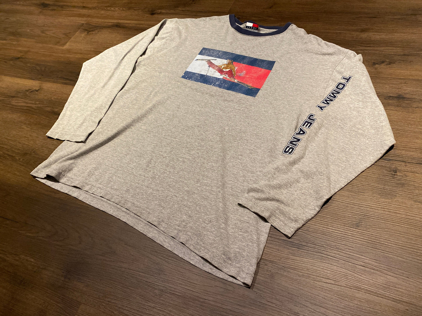 Tommy Hilfiger Jeans Skiing Graphic Tee | Size XL | Vintage 1990s Branded Made in USA Grey Long Sleeve T-Shirt | Free Shipping to USA |