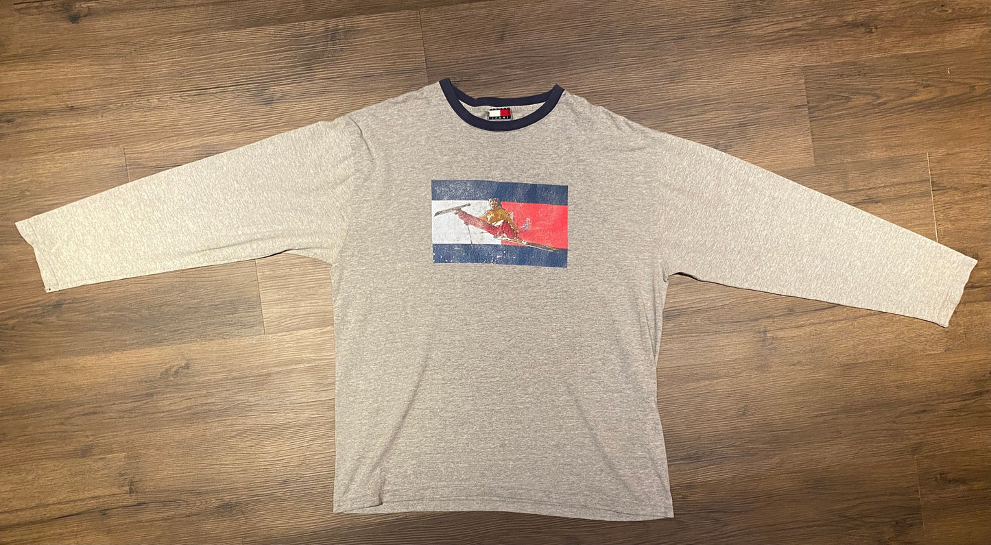 Tommy Hilfiger Jeans Skiing Graphic Tee | Size XL | Vintage 1990s Branded Made in USA Grey Long Sleeve T-Shirt | Free Shipping to USA |