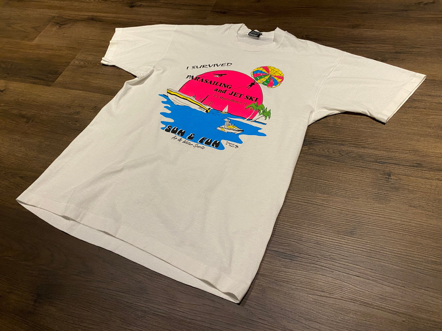I Survived Parasailing And Jet Ski Graphic Tee | Size Large | Vintage 1990s White T-Shirt | Fort Myers Beach, FL | Free Shipping to USA |