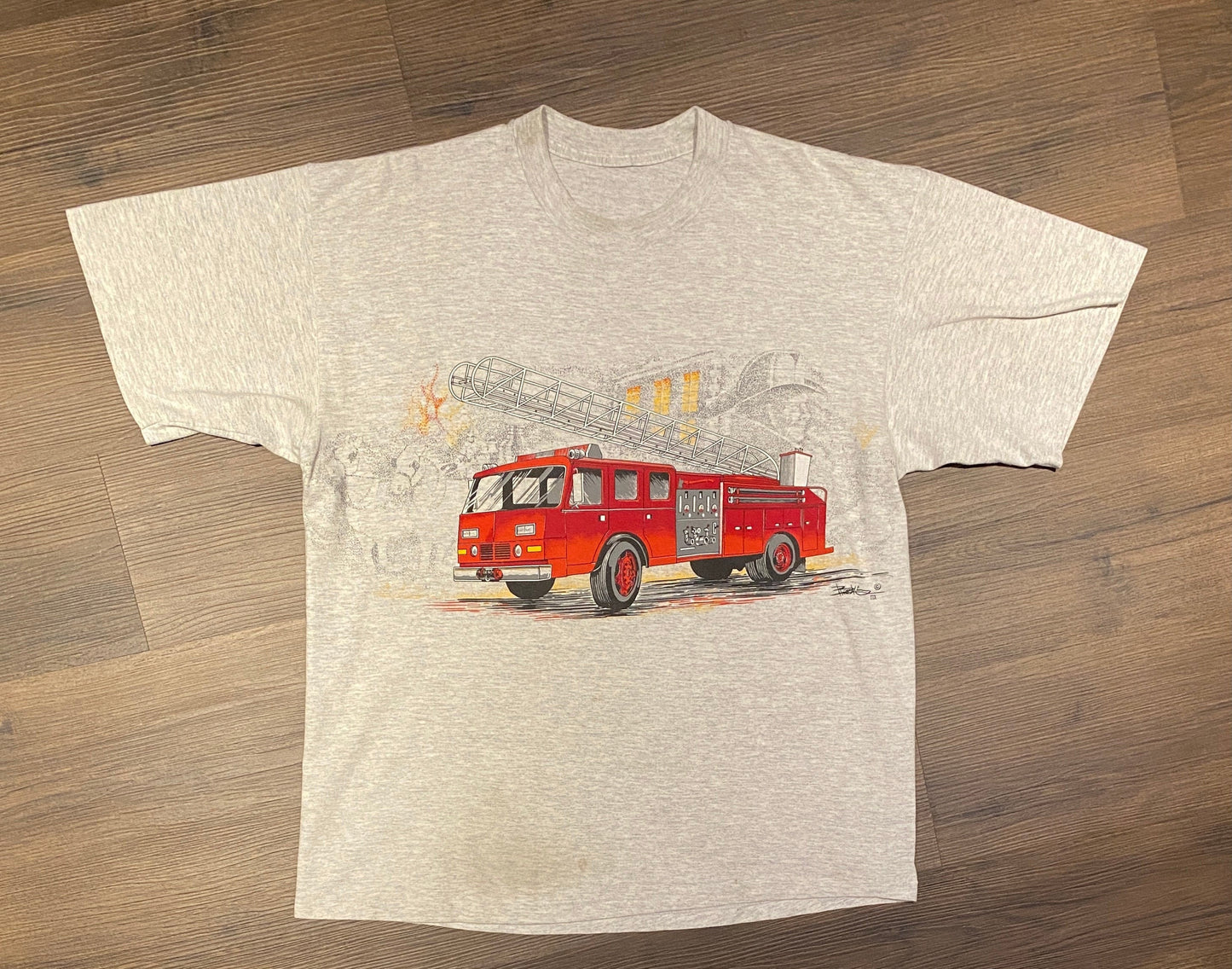 Fire Truck Cross Chest Graphic Tee | Size Large | Vintage 1990s Single Stitch Red & Grey T-Shirt |