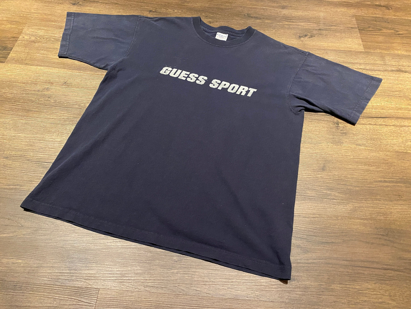 Guess Sport Spell Out Graphic Tee | Size Medium | Vintage 1990s Branded Grey & Black T-Shirt | Made in USA | Free Shipping to USA |