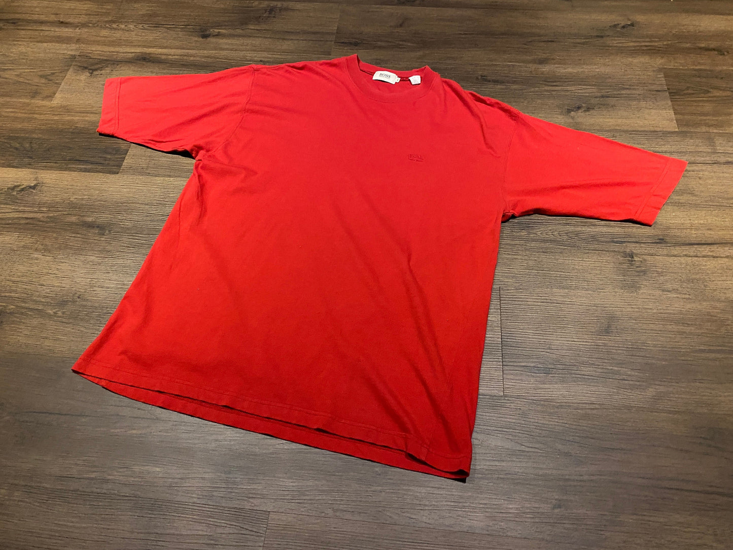 Hugo Boss Embroidered Graphic Tee | Size Large | Vintage 1990s Retro Red Branded T-Shirt | Made in Hong Kong | Free Shipping to USA |