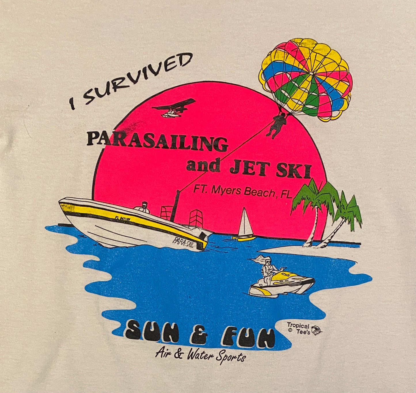I Survived Parasailing And Jet Ski Graphic Tee | Size Large | Vintage 1990s White T-Shirt | Fort Myers Beach, FL | Free Shipping to USA |