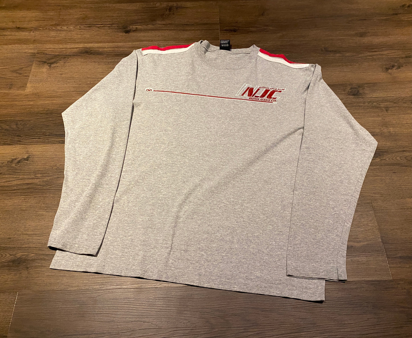 Nautica Jeans Co. Striped Graphic Tee | Size Medium | Vintage 1990s Branded White T-Shirt | Made in Canada |