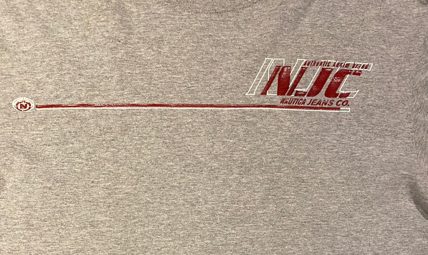 Nautica Jeans Co. Striped Graphic Tee | Size Medium | Vintage 1990s Branded White T-Shirt | Made in Canada |