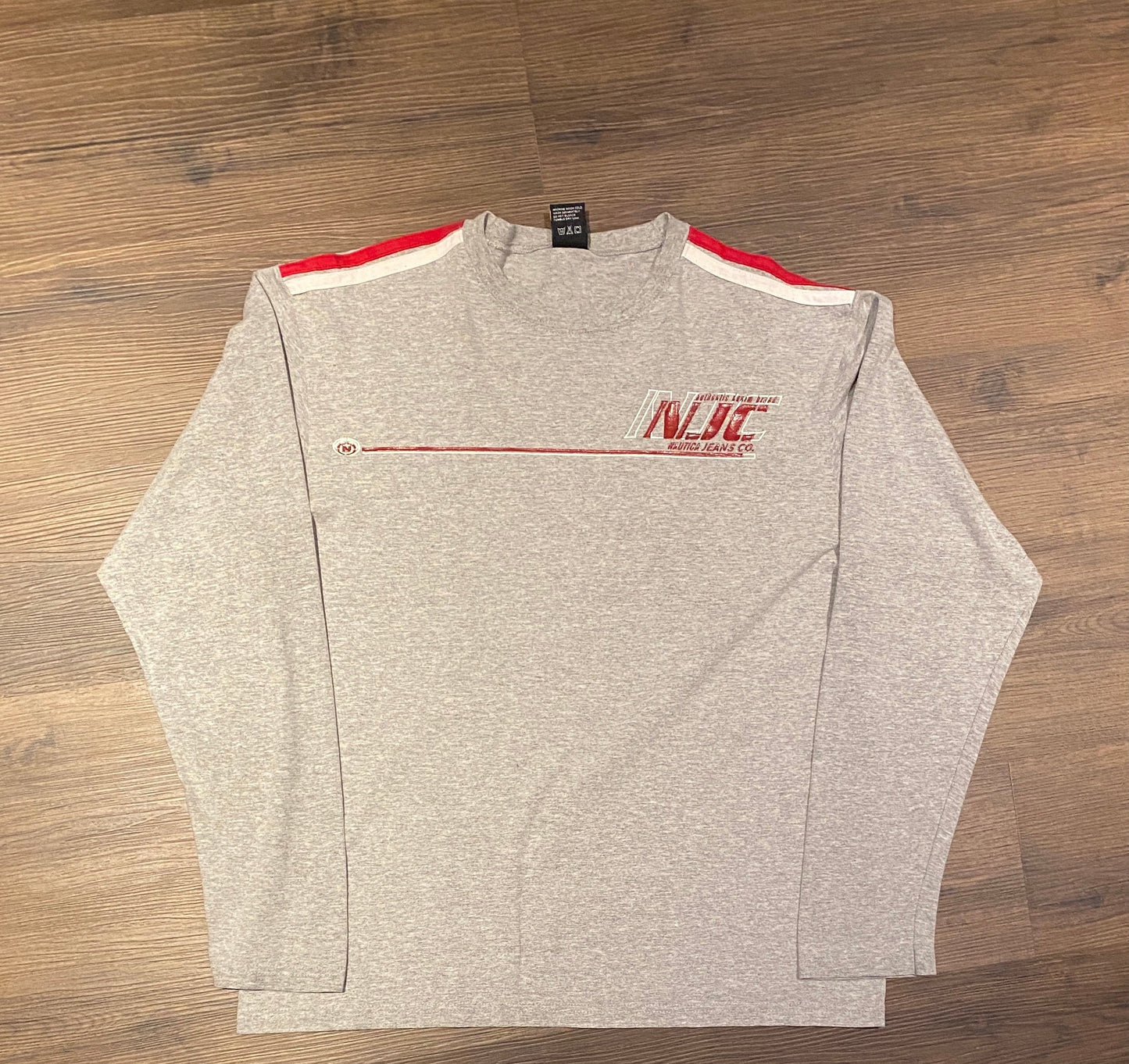 Nautica Jeans Co. Striped Graphic Tee | Size Medium | Vintage 1990s Branded White T-Shirt | Made in Canada |