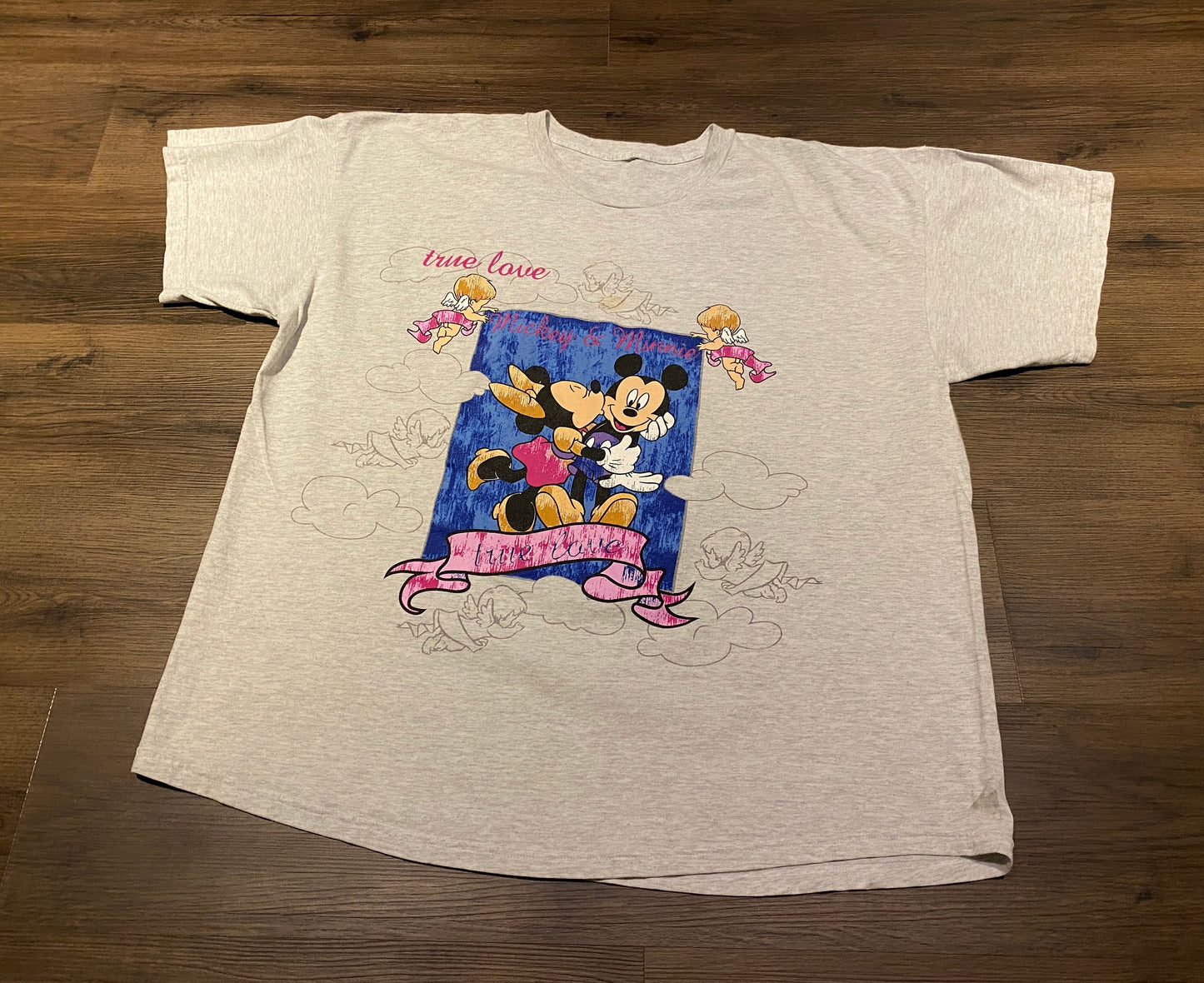 Mickey & Minnie Mouse True Love Graphic Tee | Size XL | Vintage 2000s Walt Disney Cartoon Grey T-Shirt | Free Shipping to USA |