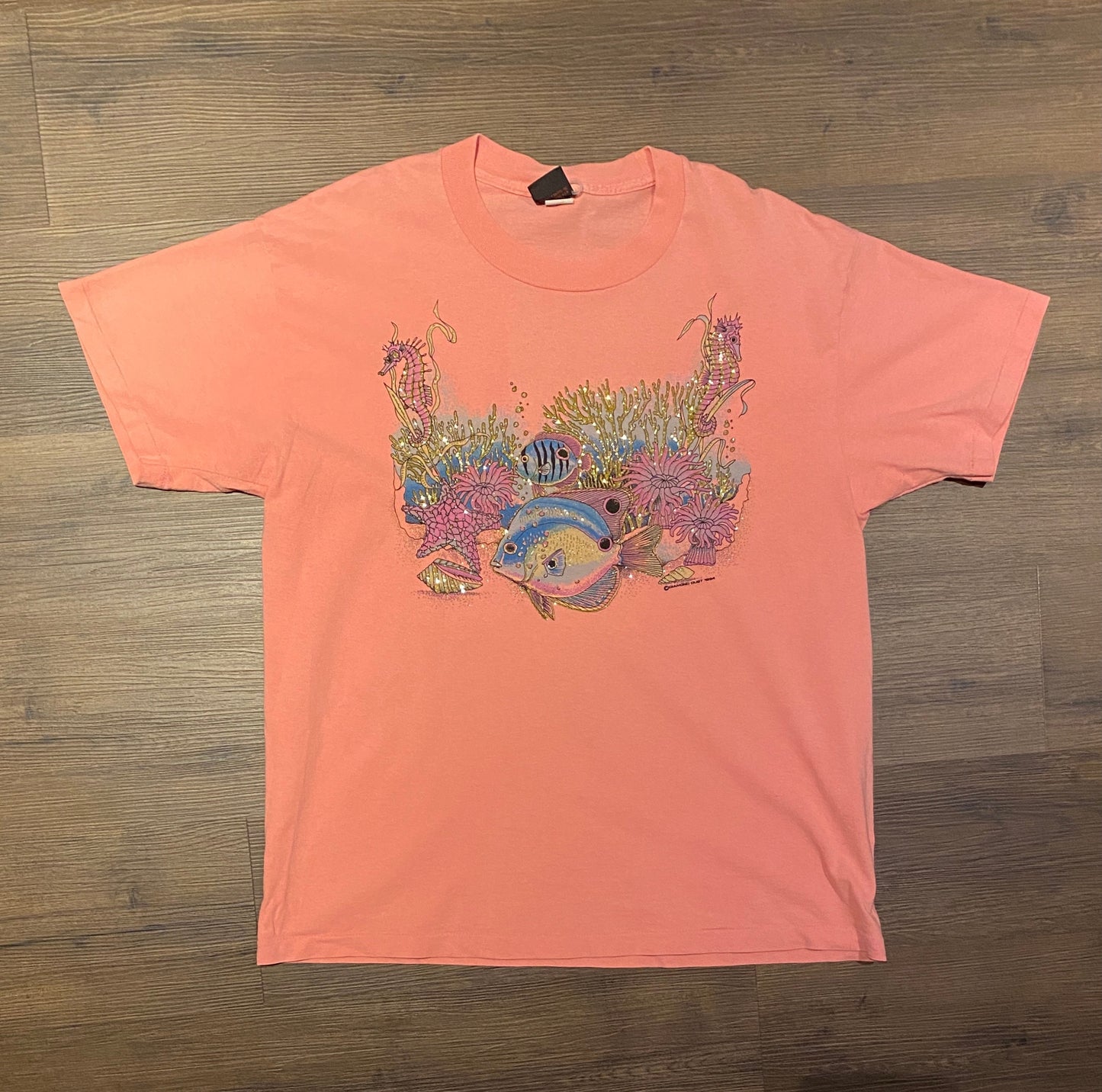Fish In The Ocean Graphic Tee | Size XL | Vintage 1990s Single Stitch Pink T-Shirt | Made in USA | Free Shipping to USA |
