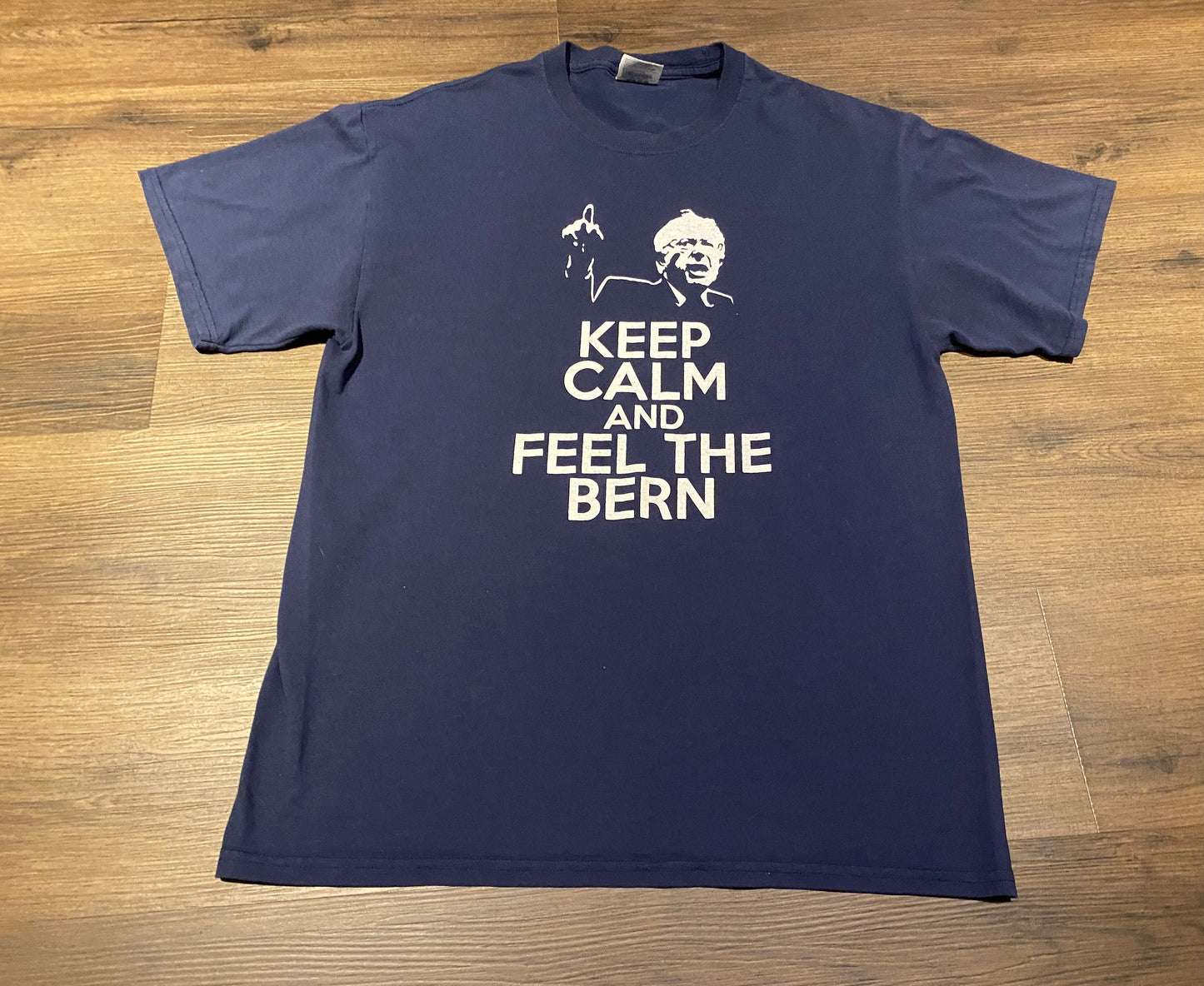 Keep Calm And Feel The Bern Graphic Tee | Size Large | Vintage 2000s Democratic Nominee Bernie Sanders Blue T-Shirt | Free Shipping to USA |