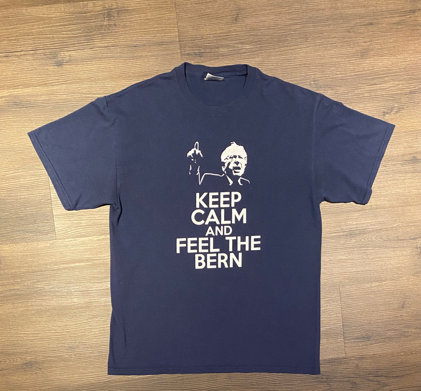 Keep Calm And Feel The Bern Graphic Tee | Size Large | Vintage 2000s Democratic Nominee Bernie Sanders Blue T-Shirt | Free Shipping to USA |