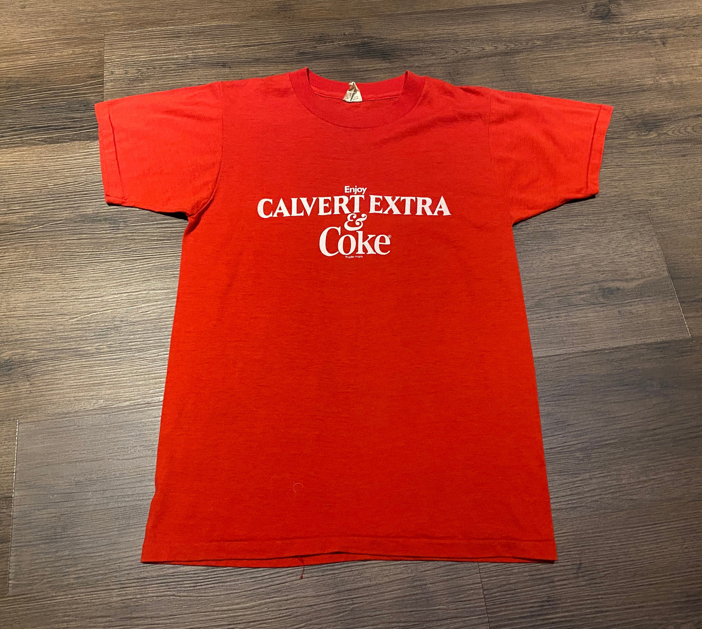 Enjoy Calvert Extra & Coke Graphic Tee | Size Small | Vintage 1990s Single Stitch Promotional Red T-Shirt | Free Shipping to USA|