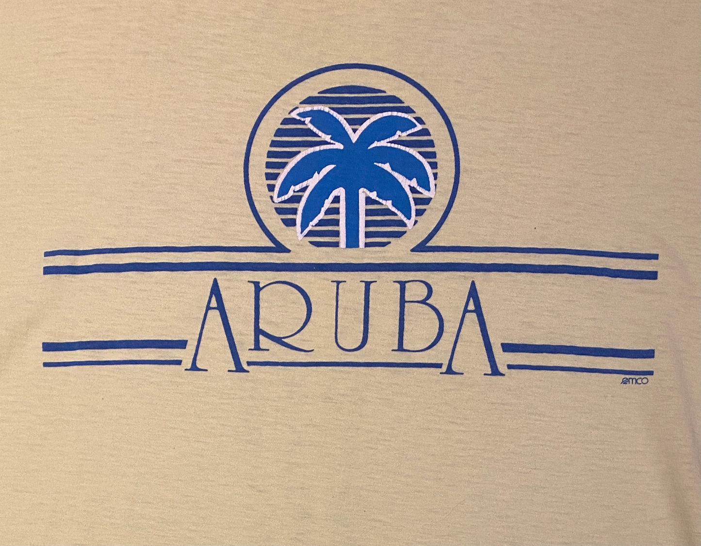 Aruba Palm Tree Graphic Tee | Size XXL | Vintage 1990s Tourist Single Stitch Blue & Yellow T-Shirt | Free Shipping to USA |