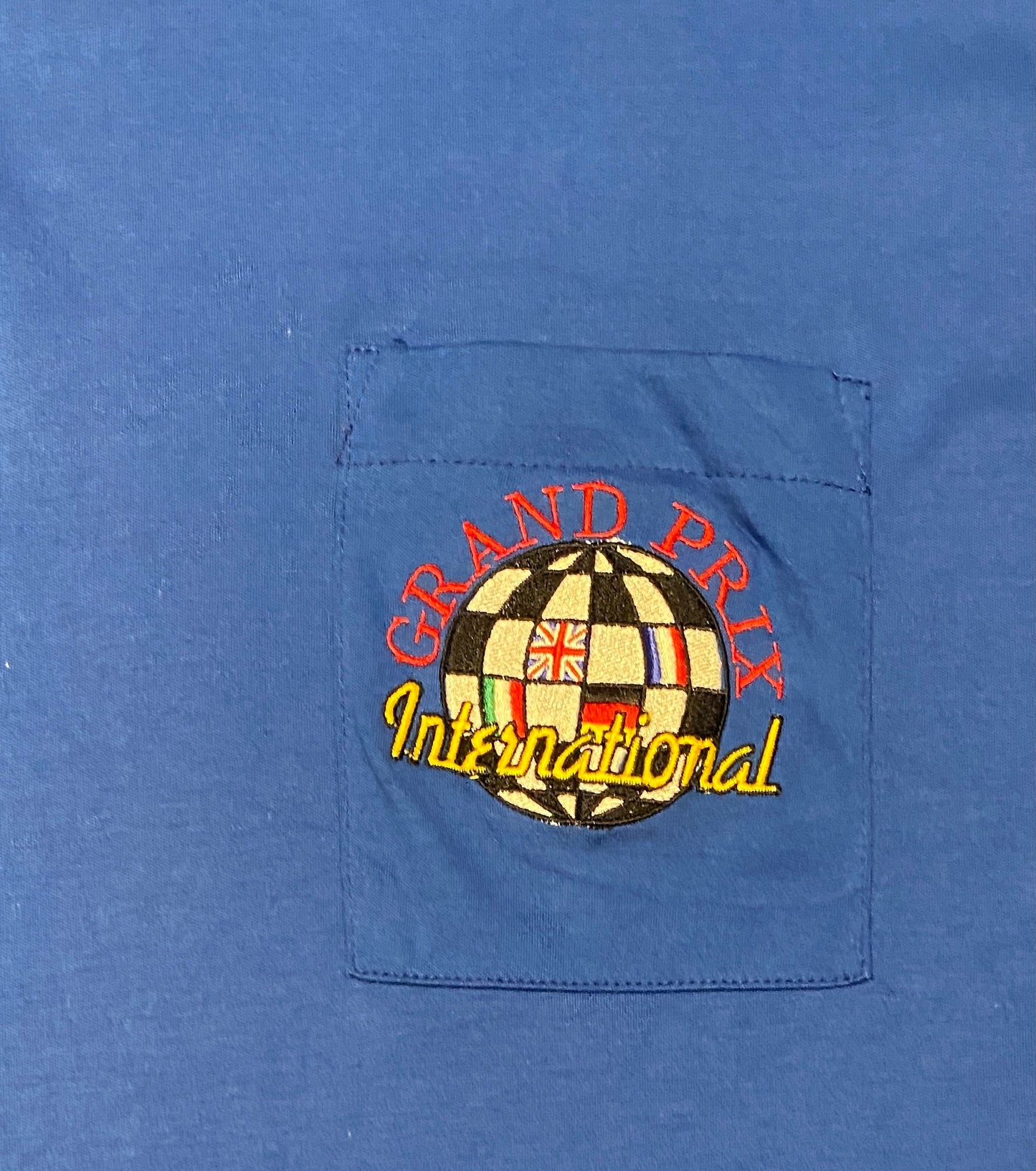 Grand Prix International Embroidered Graphic Tee | One Size Fits All | Vintage 1990s Single Stitch Racing Blue T-Shirt|Free Shipping to USA|