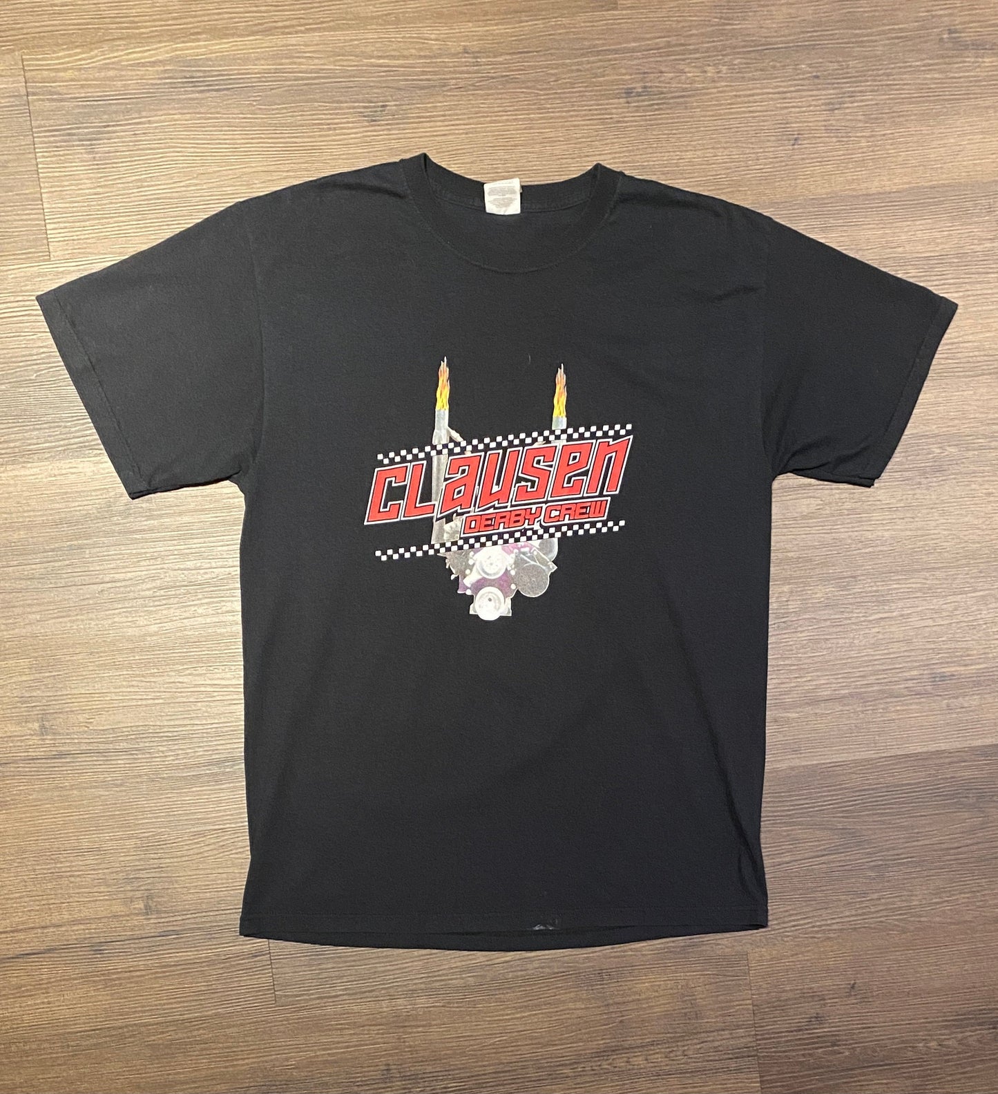 Clausen Derby Crew Racing Team Graphic Tee | Size Large | Vintage 2000s Promotional Racing Black T-Shirt |