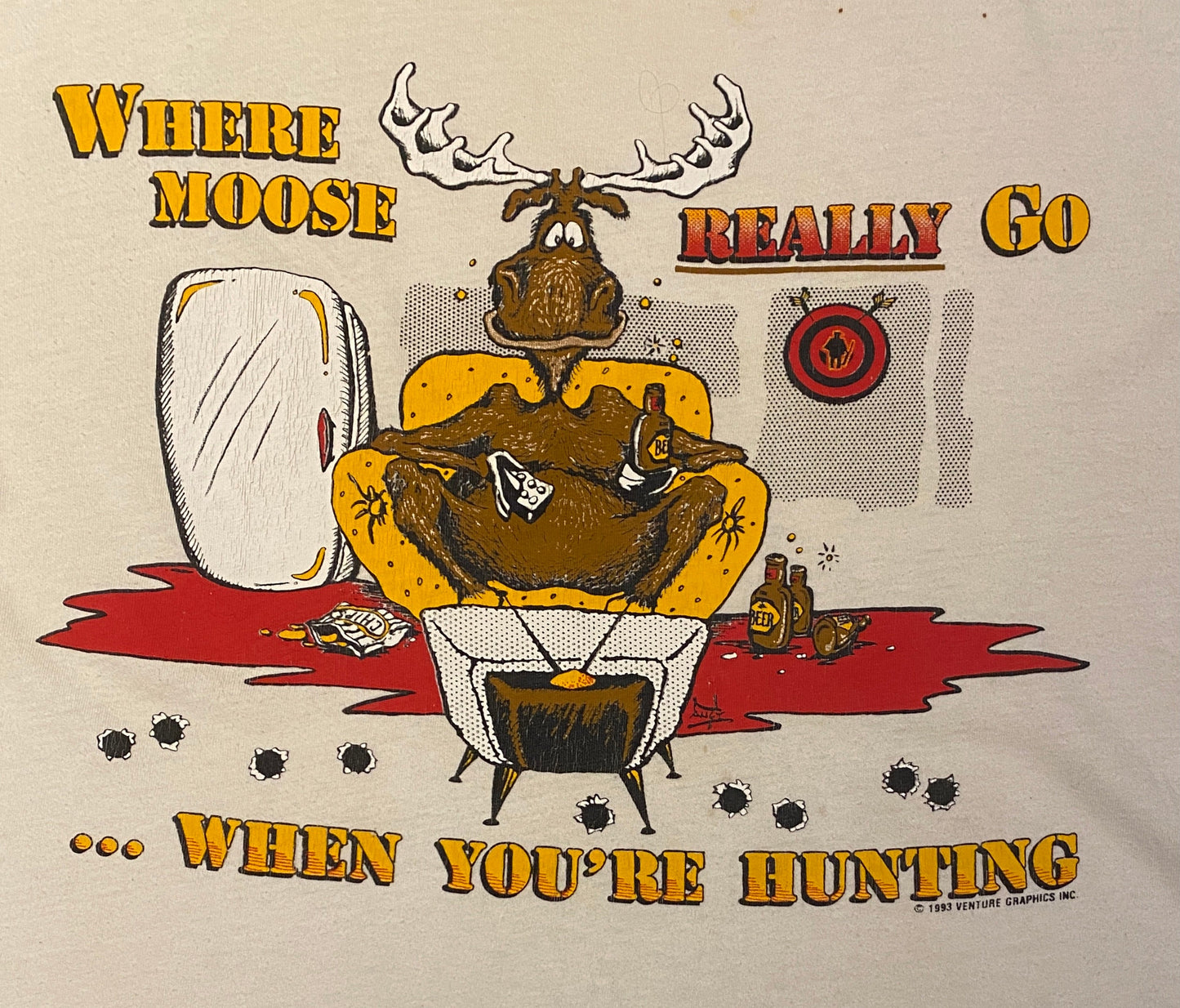 Where Moose Really Go When You're Hunting Graphic Tee | Size Large | Vintage 1990s Funny Hunting White T-Shirt |