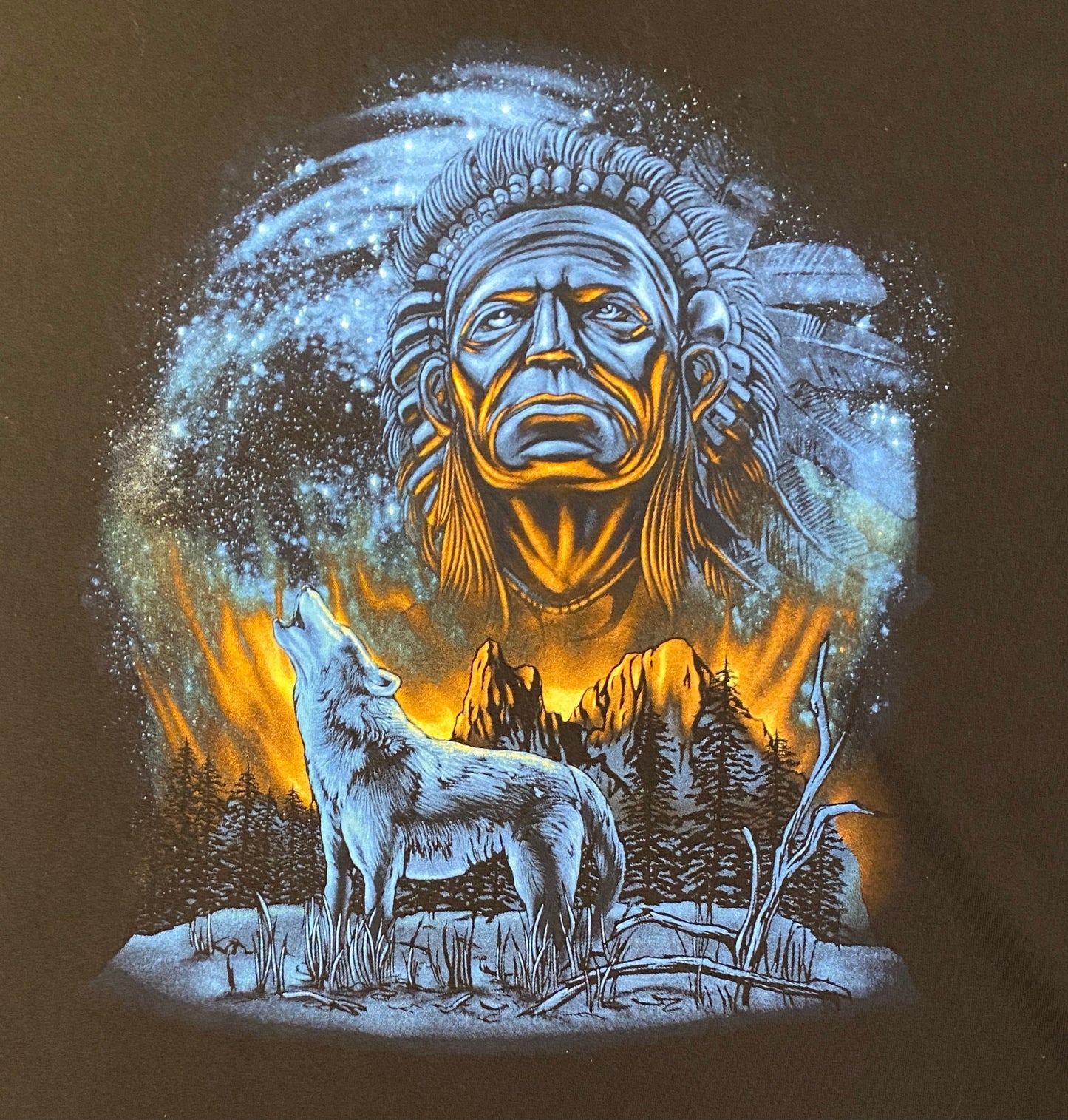 Wolves Howling At The Moon Scenic Graphic Tee | Size XL | Vintage 2000s Wolf Animal Blue & Black T-Shirt |