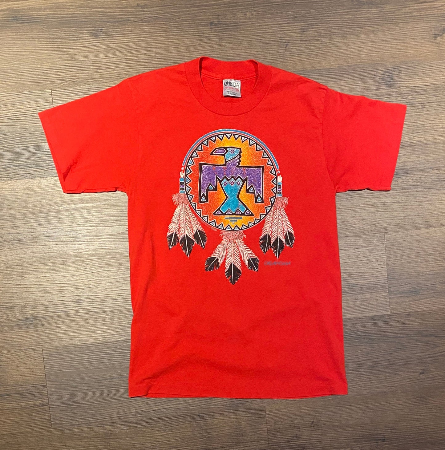 Oklahoma Abstract Dreamcatcher Graphic Tee | Size Large | Vintage 1990s Single Stitch Red T-Shirt | Made in USA |