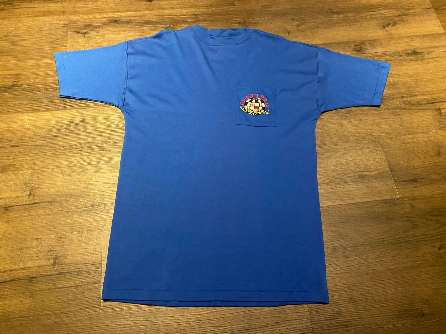 Grand Prix International Embroidered Graphic Tee | One Size Fits All | Vintage 1990s Single Stitch Racing Blue T-Shirt|Free Shipping to USA|