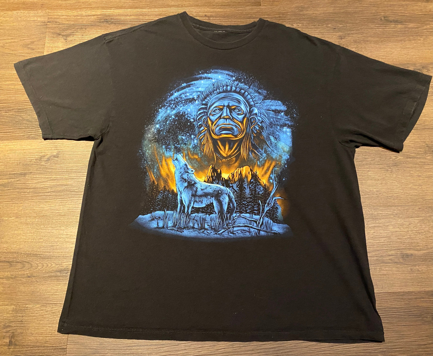 Wolves Howling At The Moon Scenic Graphic Tee | Size XL | Vintage 2000s Wolf Animal Blue & Black T-Shirt |