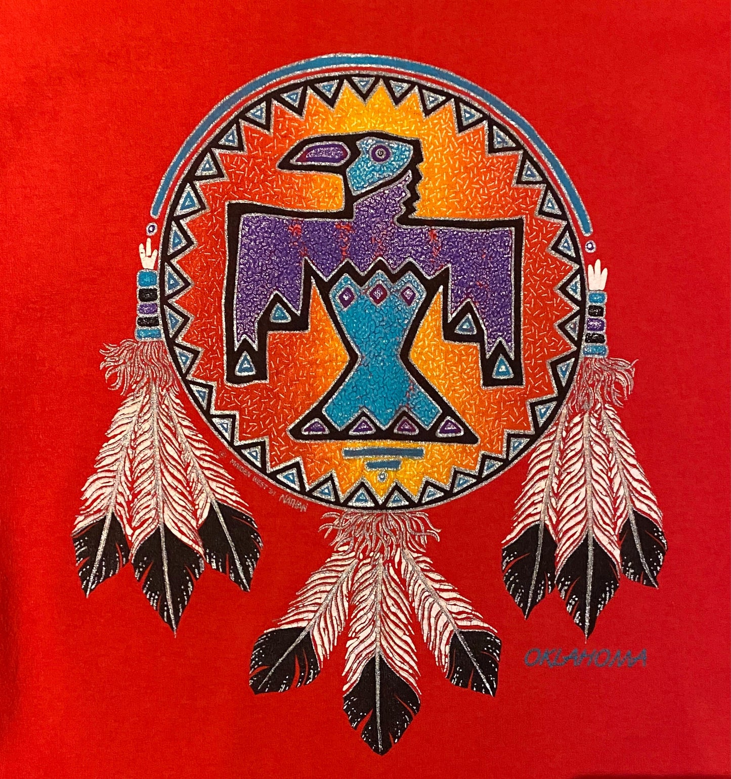 Oklahoma Abstract Dreamcatcher Graphic Tee | Size Large | Vintage 1990s Single Stitch Red T-Shirt | Made in USA |