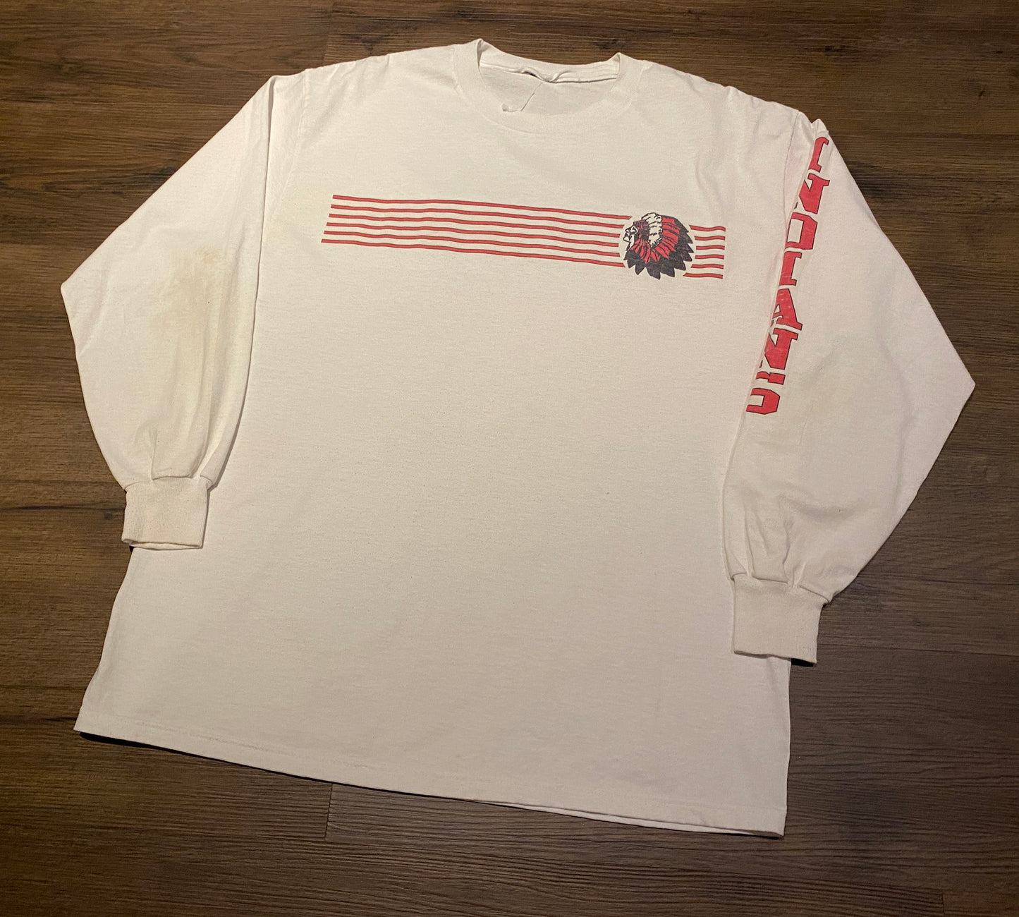 Indians High School Graphic Tee | Size XL | Vintage 1990s Promotional Tourist Long Sleeve White T-Shirt | Free Shipping to USA |