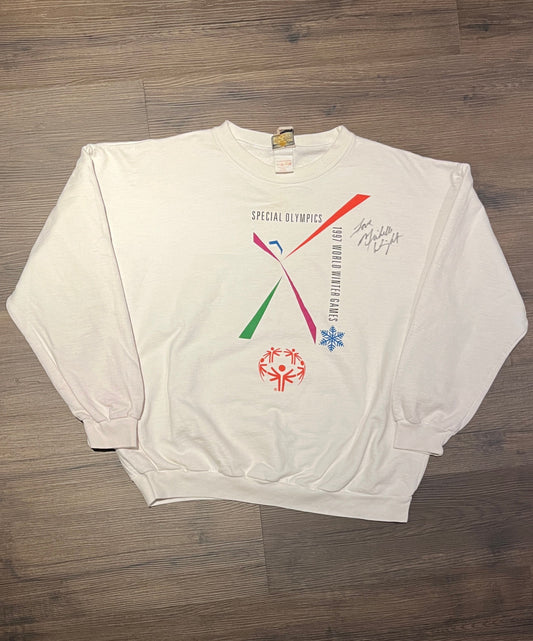 1997 World Winter Games Special Olympics Graphic Crewneck | Size X-Large | Vintage 1990s Olympics White Sweater | Free Shipping to USA |