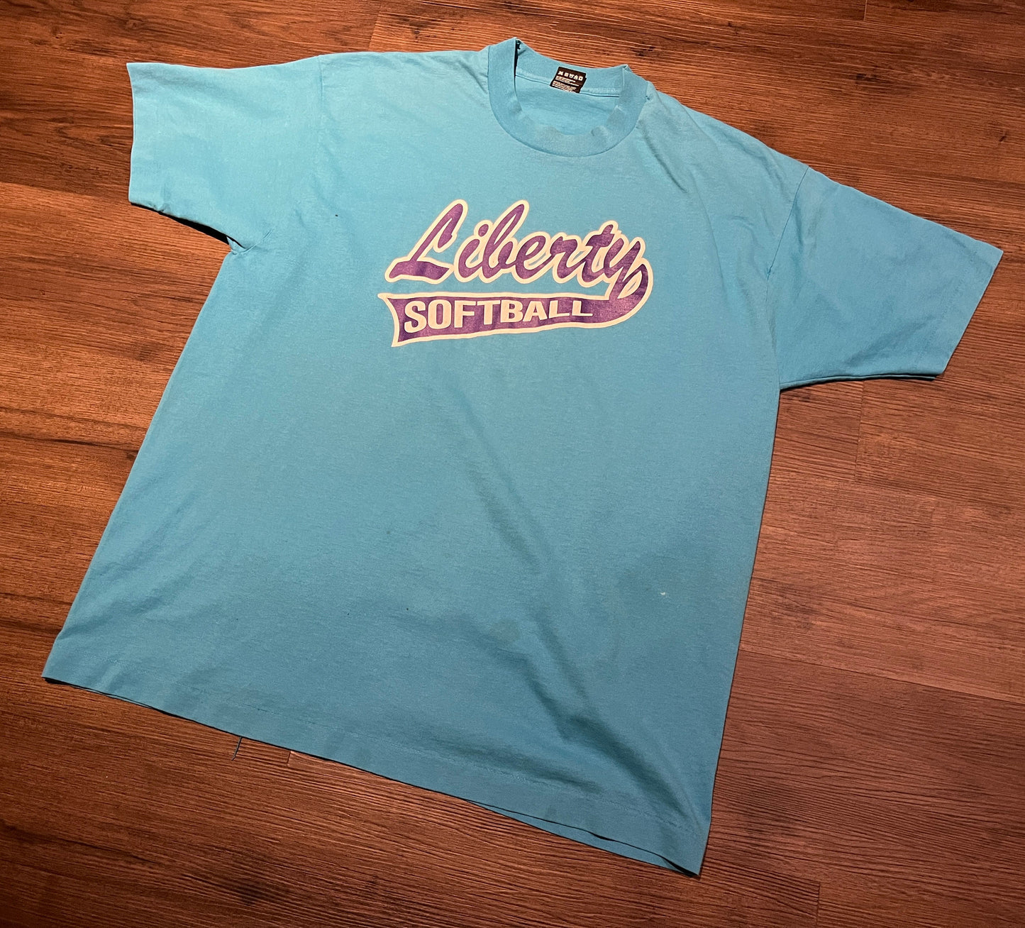 Liberty Flames Softball Graphic Tee | Size XX-Large | Vintage 1990s Single Stitch Blue T-Shirt | Made in USA | Free Shipping to USA |