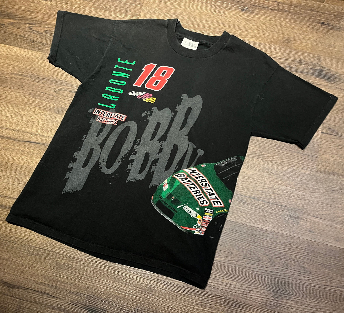 Bobby Labonte NASCAR Racing Graphic Tee | Size Large | Vintage 1990s Black & Green Racing T-Shirt | Double Sided | Free Shipping to USA |